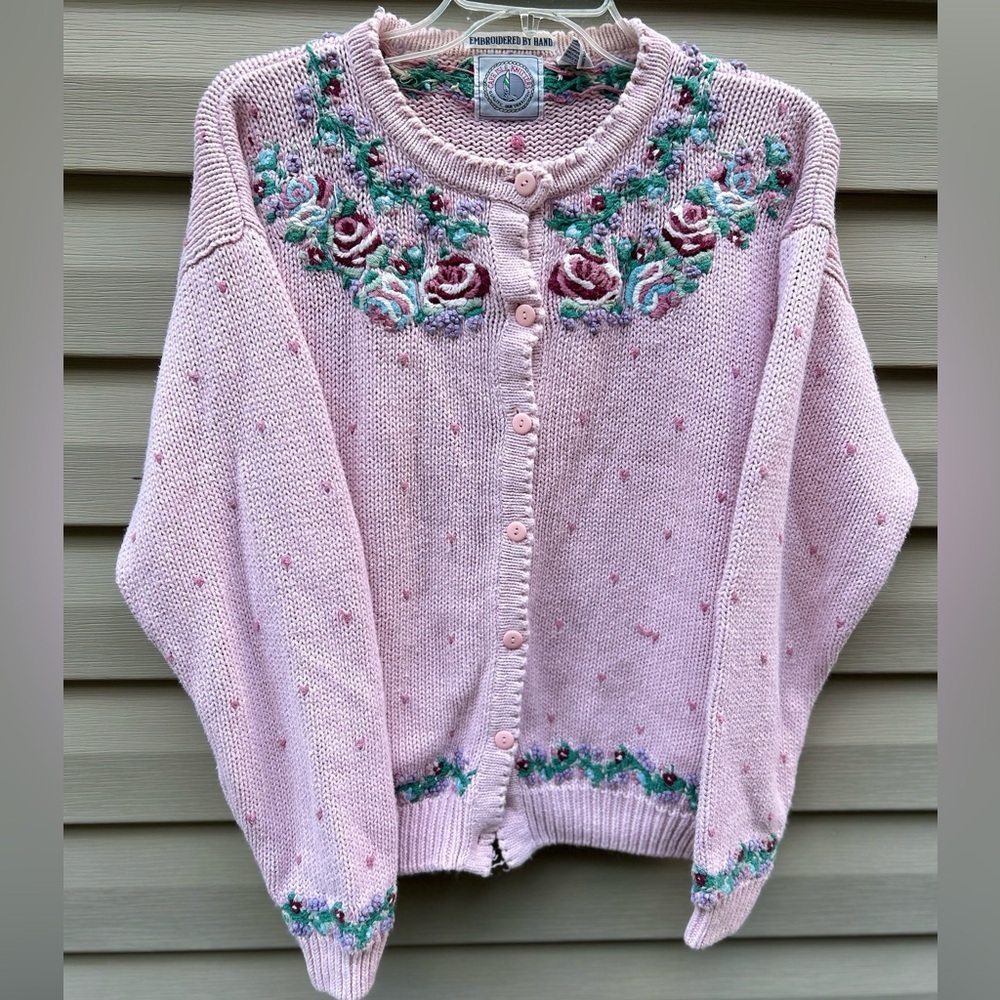 VTG Cape Isle Cardigan sweater M pink coquette embroidered heart whimsical
